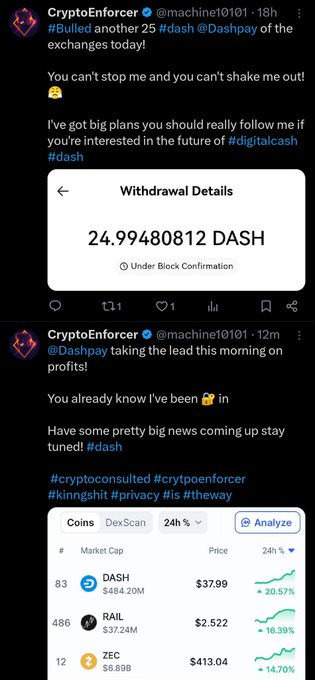 The image shows a post with information about CryptoForester, which was shared by another person named @Machine21. The post features two posts placed at different positions within the screen. One post has a large number "2499088112" displayed on it and a picture of a Bitcoin coin, while the other post is from @Dashpay with an image of a DASH chart and some text discussing Cryptocurrency market trends.