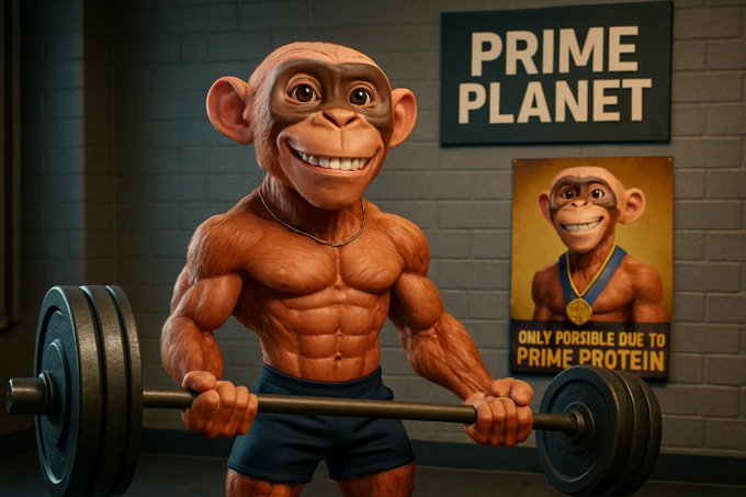 A muscular cartoon chimpanzee wearing a gold chain performs a barbell lift in a gym setting, with a "PRIME PLANET" sign and a poster reading "ONLY POSSIBLE DUE TO PRIME PROTEIN" displayed on the brick wall behind him. The image ties into the PrimeApePlanet social media post, visually promoting the project with a teaser hinting at an upcoming announcement.