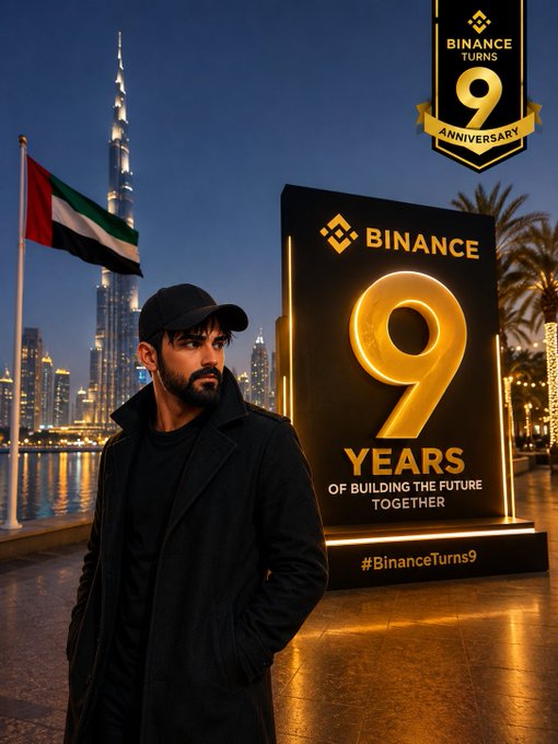 Promotional image for 'Binance Turns 9' anniversary featuring a man in a black cap and coat standing in Dubai with the Burj Khalifa and UAE flag in the background, alongside a large Binance 9 Years display reading 'Of Building The Future Together.'