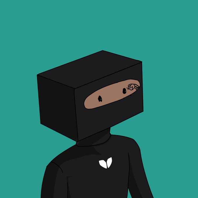 A cartoon character with a black box over their head featuring eyes peering through a cutout, wearing a black shirt with a white emblem, set against a teal background—visually representing the "Cypherbox Allocation 003" feature highlighting @boredmutantX as a devoted member of Brain Box since 2023.