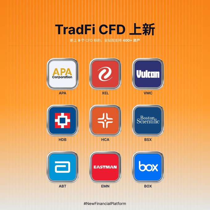 A promotional graphic titled 'TradFi CFD 上新' showing 9 new CFD ticker icons (Xan Corporation, XEL, Vulcan VMC, HCA, HDB, Boston Scientific BSX, Eastman EMN, ABT, BOX) with the hashtag #NewFinancialPlatform.