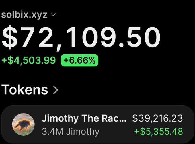 Screenshot of a solbix.xyz portfolio dashboard showing a total balance of $72,109.50 (up $4,503.99 or +6.66%), with the top token holding being "Jimothy The Rac..." valued at $39,216.23 (3.4M Jimothy, +$5,355.48).