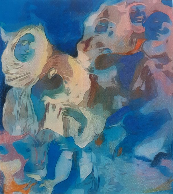 An abstract painting featuring multiple figures with blue-toned faces, set against a textured background of blue, brown, and orange hues.