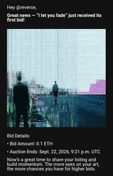 A tweet from @reverse announcing a great news first bid of 0.1 ETH on the artwork 'I let you fade', with auction ending September 22, 2026, featuring a glitchy, distorted image of a figure in a cityscape.