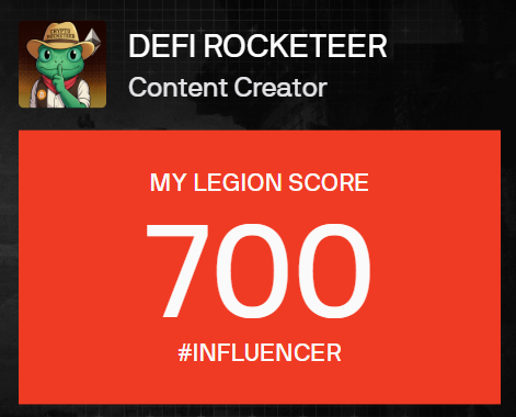 The image is a Legion scorecard for "DeFi Rocketeer" Content Creator, showing a Legion Score of 700 with the "#INFLUENCER" tag, which represents the platform being used for the upcoming $JUMP token sale mentioned in the post.