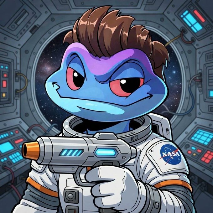 A cartoonish blue snake astronaut with a brown pompadour hairstyle holds a futuristic ray gun while wearing a NASA spacesuit, standing inside a spaceship with starry views through a circular window. The image humorously promotes "$snek" memes from snekculture.com, casting the snake character as a cool, space-faring astronaut with a NASA patch.