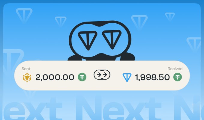 A digital transaction confirmation showing 2,000.00 tokens (BNB) sent and 1,998.50 tokens (NextAI) received, featuring a masked logo with two downward triangles.