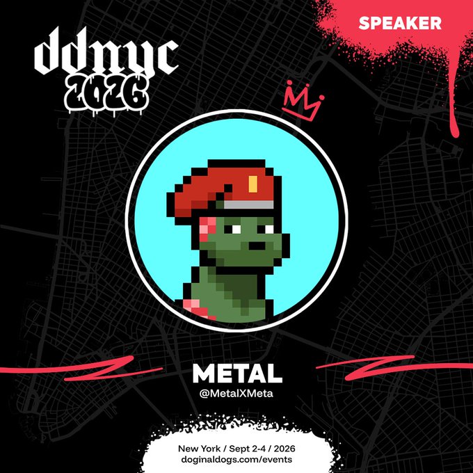 The image is a speaker announcement for DDNYC 2026 featuring "Metal" (@MetalXMeta), depicted as a pixelated green dog avatar wearing a red cap. The graphic promotes the event in New York on September 2-4, 2026, with a link to doginaldogs.com/events.