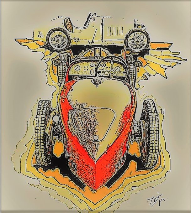 A stylized, hand-drawn illustration of a vintage red and yellow race car viewed from the front, with the artist's signature in the bottom corner.