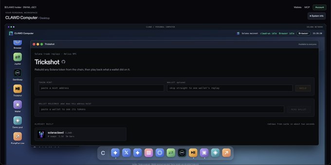 Screenshot of the CLAWD Computer desktop showing the “Trickshot” game in a Solana-based wallet, with prompts such as “paste a mint address” and “stop straight to me wallet’s reply,” plus an “AI HARD ROLL” result reading “ohnearandom.” The interface highlights CLAWD Computer, Triton, and controls for browser, MCP, replay, and account functions, matching the post’s claim that this AI experience is exclusive to $CLAWD holders on Solana, with public access to replays available via the x402 protocol.