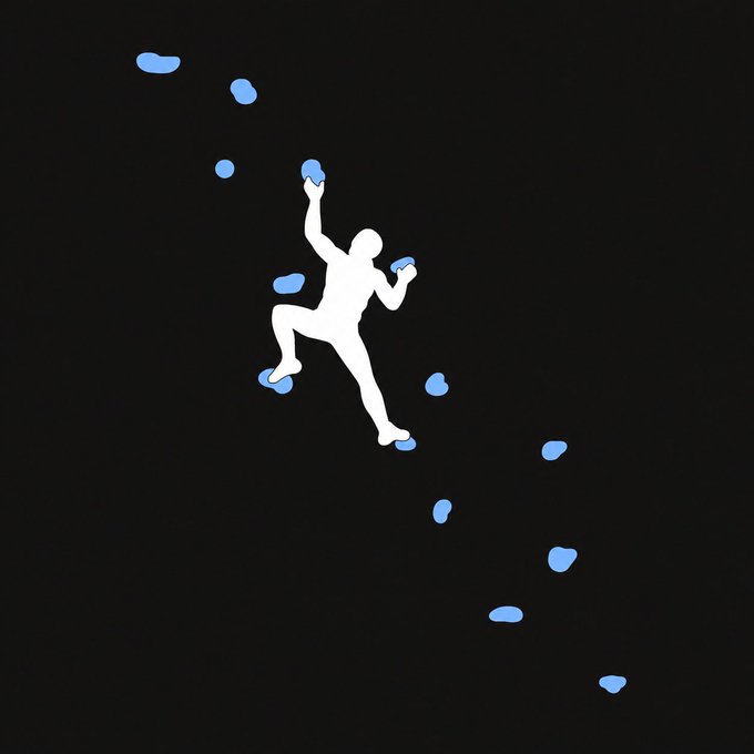 A minimalist white silhouette illustration of a rock climber scaling a black background, with blue handholds and footholds.