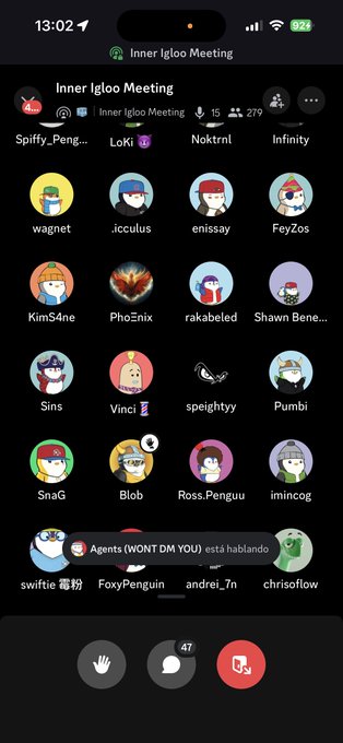 A Discord voice call screen for 'Inner Igloo Meeting' showing various penguin and character avatars including Spiffy_Peng, LoKi, Noktrnl, Infinity, wagnet, and others.