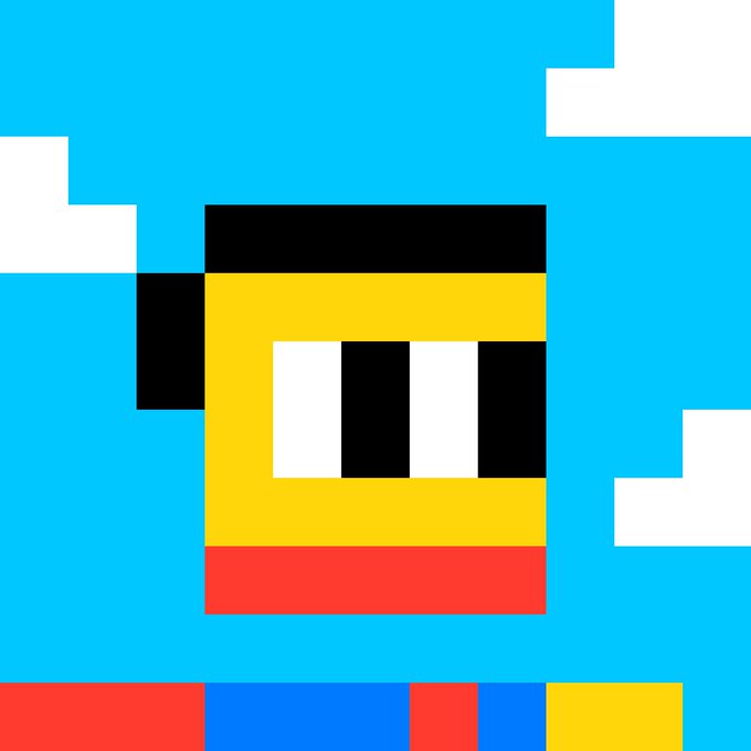 An 11x11 pixel art image featuring a simple blocky character resembling Pepe the Frog with a yellow body, black hat-like top, white eyes with black pupils, red bottom, and blue background with white clouds. This minimalist pixel rendering relates to the post's "11x11 super pepe" caption, capturing the iconic green frog in an ultra-compressed grid format.