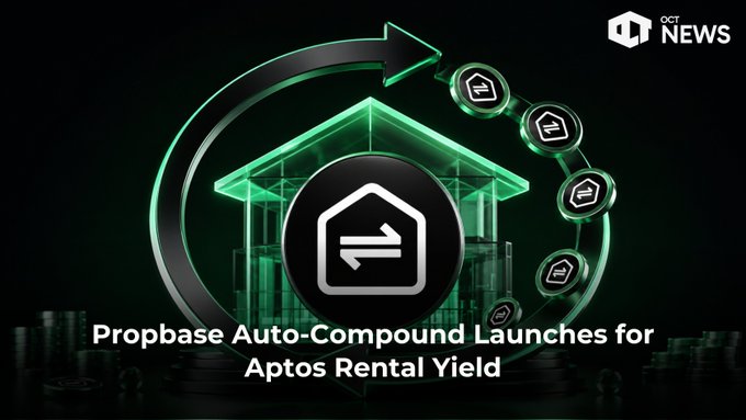 A promotional graphic with a green and black color scheme displaying 'Propbase Auto-Compound Launches for Aptos Rental Yield' alongside the 'OCT NEWS' logo.