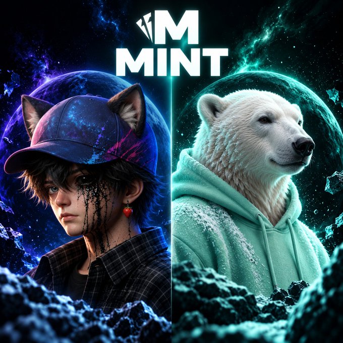 A promotional graphic for 'MINT' featuring a split composition: an anime-style character with cat ears on a purple cosmic background on the left, and a polar bear in a mint hoodie on a teal cosmic background on the right.