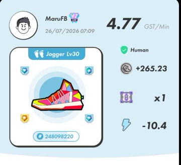 A profile screen for user 'MaruFB' dated 26/07/2026 showing stats including 4.77 GST/Min and a Level 30 'Jogger' colored sneaker NFT.