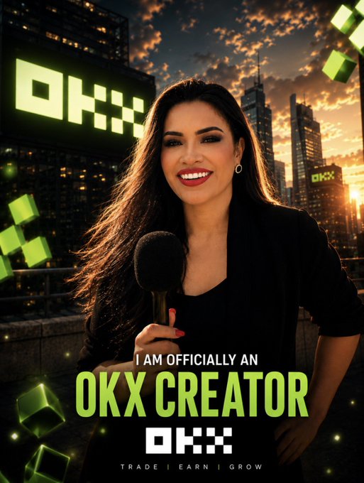 A smiling woman with long dark hair holds a microphone against a city skyline at sunset, with an "OKX" sign and green geometric graphics in the background. Bold text reads "I AM OFFICIALLY AN OKX CREATOR" above the OKX logo and the tagline "TRADE | EARN | GROW," visually celebrating her new partnership announcement with the crypto exchange.