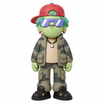 A 3D-rendered cartoon figure with green skin, pink hair, and purple sunglasses wears an oversized camouflage jacket and matching cargo pants with chunky black shoes.