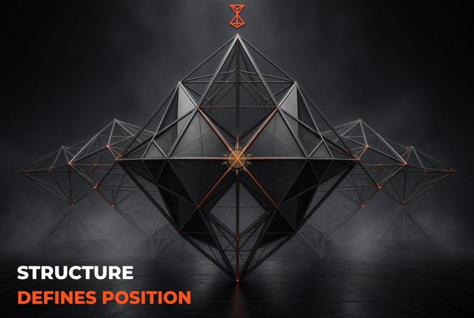 A dark, geometric structure composed of interconnected wireframe polyhedra floats in a smoky void, with orange accents highlighting key vertices and an hourglass symbol hovering at its peak. The bottom-left text reads "STRUCTURE DEFINES POSITION," visually reinforcing the post's central idea that a block's identity and role emerge from the framework around it rather than from its sequential order.