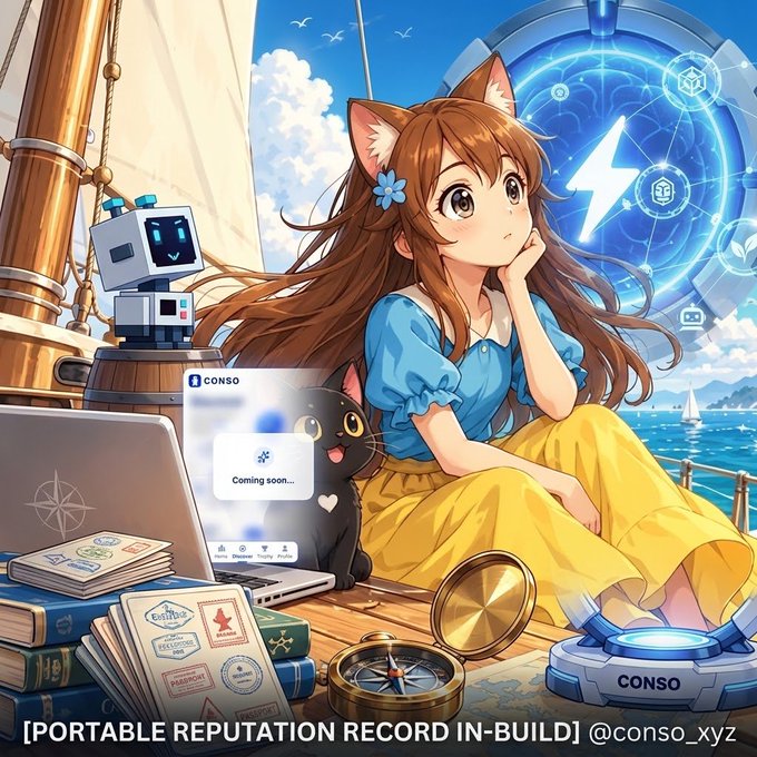Anime-style illustration featuring a cat-eared girl and a black cat on a ship deck with a robot and laptop, displaying "CONSO" branding and the text "[PORTABLE REPUTATION RECORD IN-BUILD] @conso_xyz".