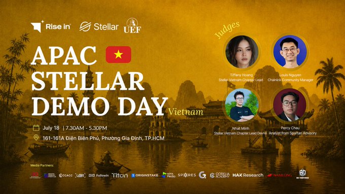 Promotional graphic for the 'APAC Stellar Demo Day' event hosted by Rise in, Stellar, and UEF on July 18, 7:30AM-5:30PM at 161-161A Điện Biên Phủ, Phường Gia Định, TP.HCM, featuring judges Tiffany Hoang, Louis Nguyen, Nhat Minh, and Percy Chau.