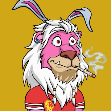 A pink-faced, rabbit-eared lion character with a white mane smokes a joint while wearing a red Manchester United jersey, styled in a cartoon aesthetic that fits the rebellious vibe of Lazy Lions NFT's 5-year anniversary. The illustration captures the brand's edgy, cannabis-friendly mascot identity celebrated by @LazyLionsNFT and @kaneco.