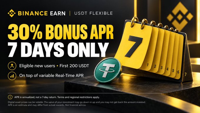 A Binance Earn promotional banner advertising 30% Bonus APR on USDT Flexible for 7 days only, eligible for new users with a first deposit of 200 USDT.