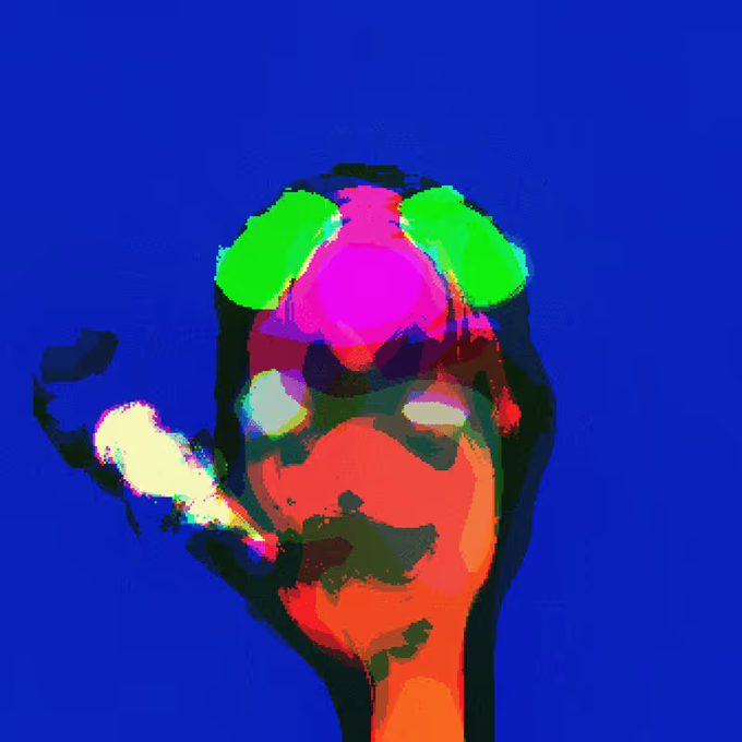The image features a person with green eyes, wearing glasses, and smoking a cigarette against a blue background. The caption of the image reads "Grab Punkologist #442 Can you pay 0.004 ETH? opensea.io/item/base/0x57". This suggests that the image is likely related to an advertisement or promotional material for a product or service.