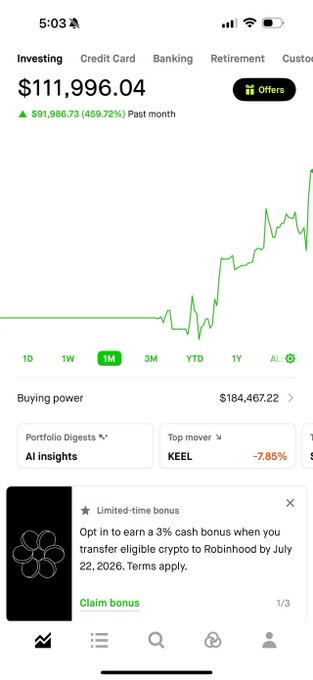 A Robinhood investing app screenshot shows a portfolio value of $111,996.04 with a gain of $91,986.73 (459.72%) past month, including a 3% crypto transfer bonus offer expiring July 22, 2026.