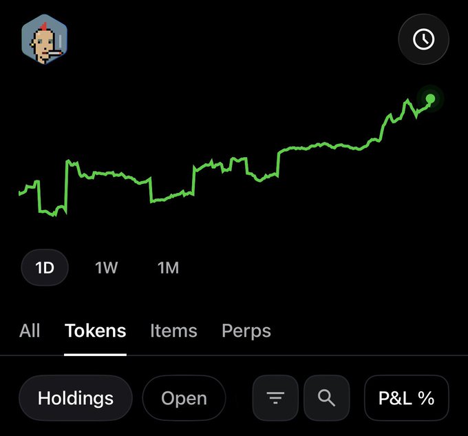 A mobile trading app screenshot displaying a portfolio performance chart with a green upward-trending line, featuring time period selectors (1D, 1W, 1M) and category tabs (All, Tokens, Items, Perps) with Tokens selected.