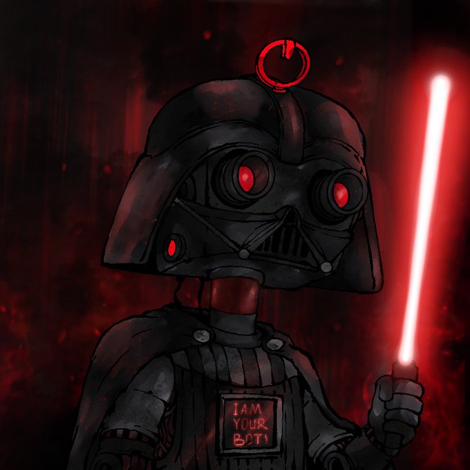 A stylized illustration of a Sith trooper or Darth Vader-like figure with glowing red eyes holding a red lightsaber, wearing a chest plate that reads 'I AM YOUR BOY!'.
