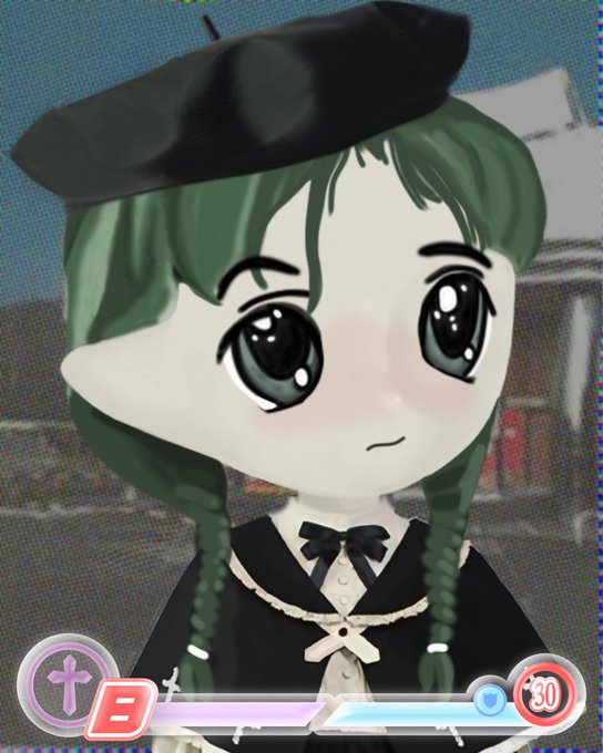 An anime-style digital avatar of a girl with green braided hair wearing a black beret and dark dress, displayed within a game interface showing a timer at '30'.