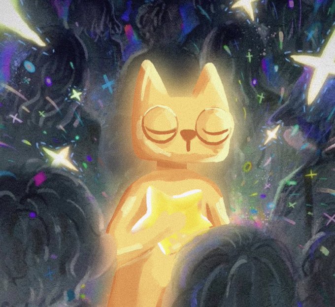 A serene, glowing yellow cat with closed eyes rests peacefully amid dark foliage and sparkling stars, embodying a calm, contented state. The image's tranquil aura of inner peace contrasts ironically with the post's theme of impending regret, suggesting that anyone selling $CETS now will deeply rue their decision as the asset's true value unfolds.