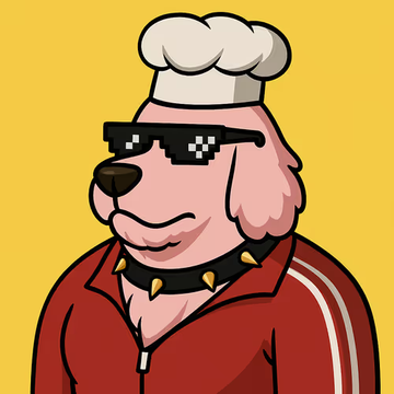 A pink poodle wearing pixelated "deal with it" sunglasses, a chef's hat, and a studded red tracksuit—depicting a cool, stylish chef character. The image likely represents $APE token hype, with the post indicating potential buy quantities of 5,000 and 3,000 APE tokens.