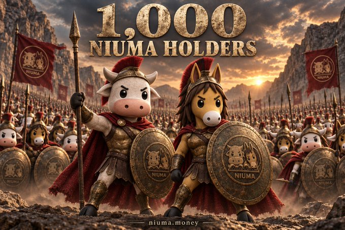 A promotional graphic reading '1,000 NIUMA HOLDERS' featuring cartoon cow and horse warriors dressed as Roman/Spartan soldiers with spears and shields, with 'niuma.money' at the bottom.