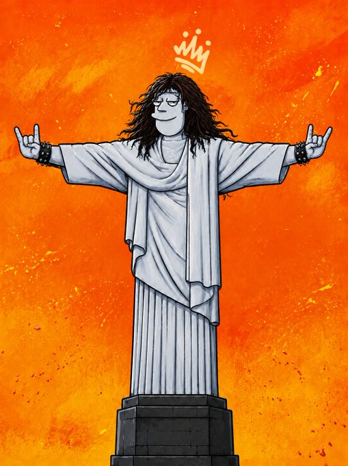 A stylized illustration depicting the Christ the Redeemer statue reimagined with long hair, sunglasses, and spiked wristbands in rock-star fashion, set against a fiery orange background with a crown floating above.