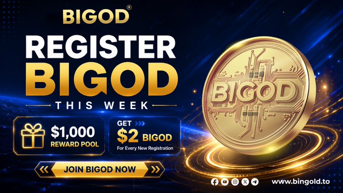 The image is a promotional banner for BIGOD featuring a large golden coin with the "BIGOD" logo, advertising a "$1,000 REWARD POOL" and "$2 BIGOD" for every new registration this week, with a "JOIN BIGOD NOW" call-to-action button directing users to www.bingold.to. The banner visually reinforces the accompanying post's message by highlighting the same $2 BIGOD reward for new account registrations and the $1,000 reward pool as part of the week's sign-up incentive.