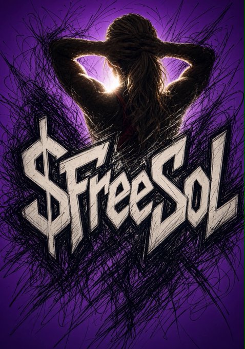 An artistic poster with the text "$0 Freesol" features a silhouette of a person with their hands behind their head, illuminated by a bright light against a purple background with chaotic black scribbles.
