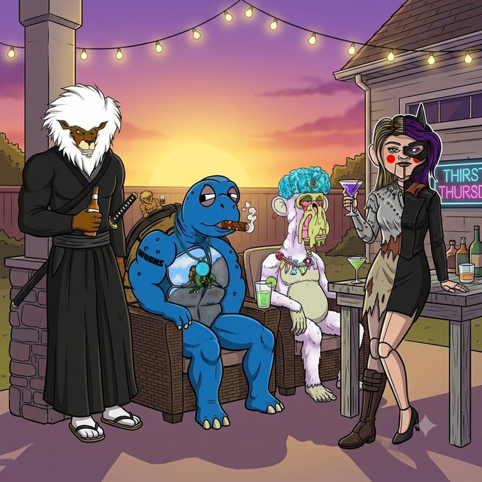 A group of cartoon characters—a samurai with white hair, a blue reptilian creature, a zombie monkey with a blue brain, and a masked woman in a black dress—gather on a patio at sunset with drinks, next to a neon sign reading "THIRSTY THURSDAY," perfectly matching the post's wish for a wonderful Thursday with NFT characters like Cro and others.