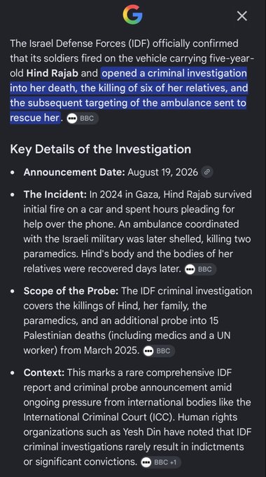 A Google AI Overview snippet citing BBC, reporting that the IDF officially confirmed firing on Hind Rajab's vehicle and opening a criminal investigation into her death and the killing of six relatives, dated August 19, 2026.