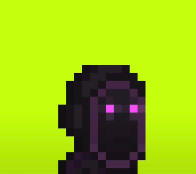 A pixel art rendering of a dark, hooded figure with glowing purple eyes set against a bright green background, resembling an Enderman from Minecraft.