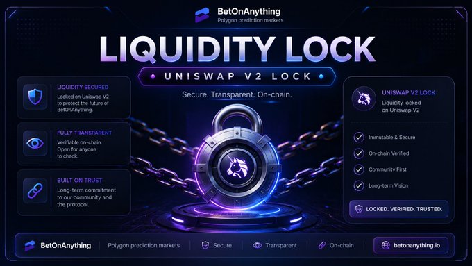 A promotional graphic for BetOnAnything Polygon prediction markets advertising 'LIQUIDITY LOCK - UNISWAP V2 LOCK' with features including 'Immutable & Secure,' 'On-chain Verified,' 'Community First,' and 'Long-term Vision.'
