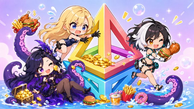Anime-style artwork featuring three chibi characters in costumes posing around a large geometric structure filled with gold coins, surrounded by fast food items like burgers, fries, and donuts against a pastel background.