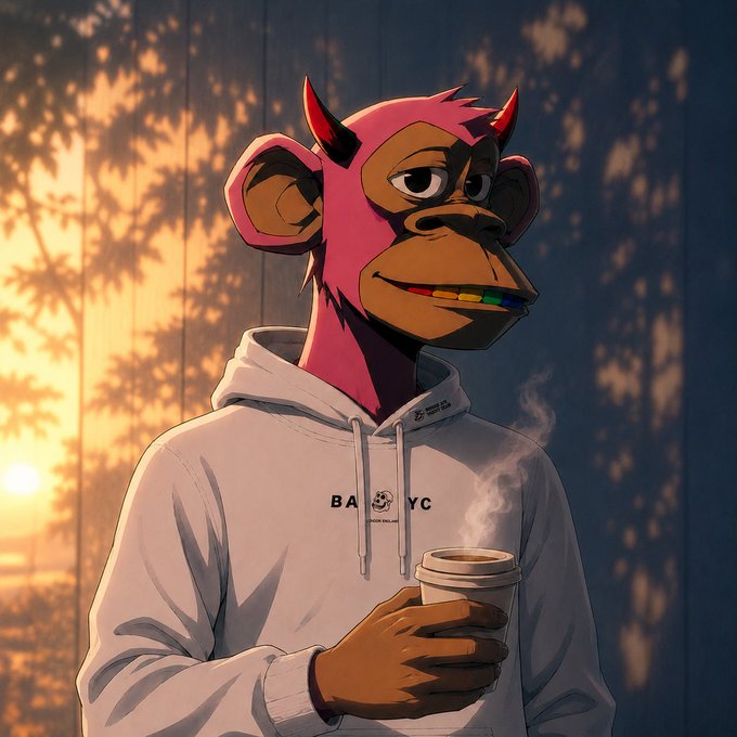 An illustration of an anthropomorphic pink monkey with horns wearing a white hoodie, holding a cup of steaming coffee at sunset.