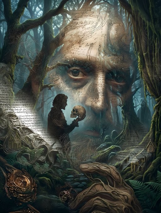 A dark, surreal fantasy illustration featuring a giant stone face in a forest with a silhouette holding a skull.