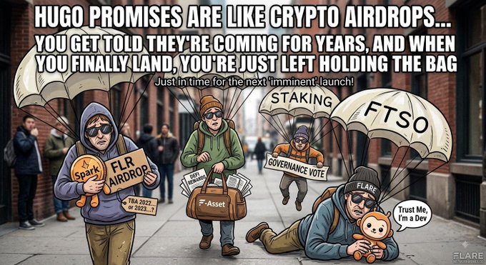 A satirical cartoon illustration captioned 'HUGO PROMISES ARE LIKE CRYPTO AIRDROPS... YOU GET TOLD THEY'RE COMING FOR YEARS, AND WHEN YOU FINALLY LAND, YOU'RE JUST LEFT HOLDING THE BAG', depicting characters with parachutes labeled 'STAKING', 'FTSO', 'GOVERNANCE VOTE', 'FLR AIRDROP', and 'FLARE'.