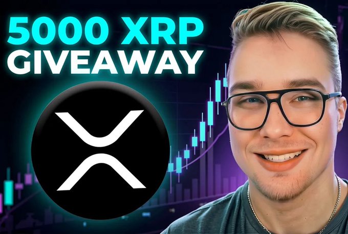 A smiling young man wearing glasses appears next to the text "5000 XRP GIVEAWAY" and a large XRP logo, with a colorful candlestick chart in the background. The image promotes a giveaway of 5,000 XRP cryptocurrency tokens, matching the accompanying post's message to sign up on btcc.com.