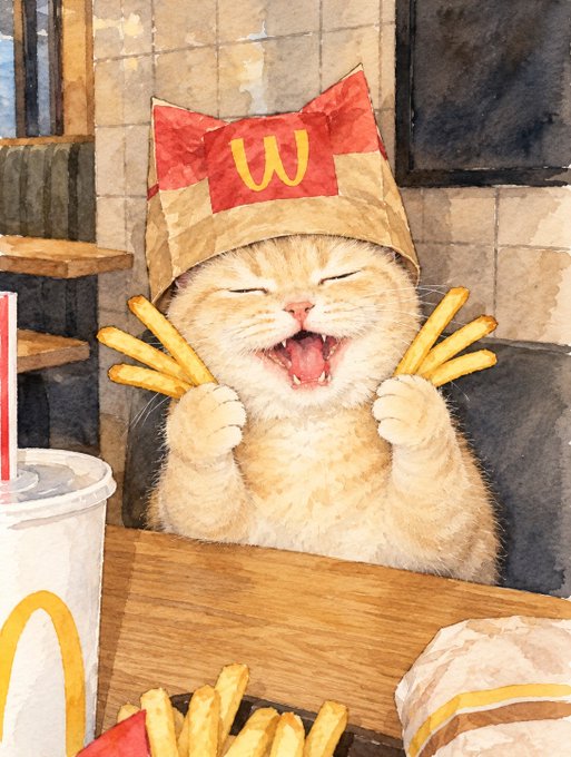 Whimsical illustration of an orange cat wearing a McDonald's-style paper hat with the 'W' logo, joyfully holding french fries with both paws, with a McDonald's cup and burger visible in the scene.