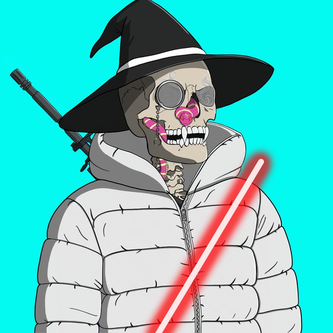 The image features a cartoon illustration of a skeleton wearing a white jacket, hat, and scarf while holding a lightsaber. The skeleton appears to be dressed for cold weather with a coat and a hooded jacket. The background color of the image is blue, which contrasts nicely with the white elements in the illustration. The post includes text that reads "Good morning GM NFT Of The Day #223 Solana Deads I'm quite partial to a nice Wizzy, this dude is awesome I won't list all 17 traits but the Devil Down White jacket and Sorcerers Crest Black with a Lightsaber creates an absolute gem @SOLANADEADS".