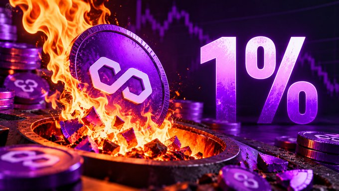 A 3D-rendered promotional image showing a purple Polygon (MATIC) coin engulfed in flames inside a forge, with a large '1%' graphic on the right side.